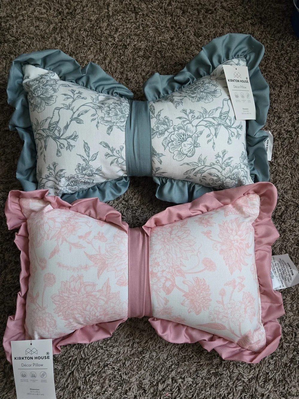 Kirkton House Floral Ruffle Bow Pillow - Blue or Pink